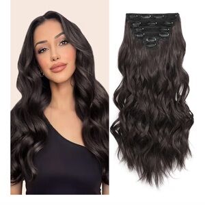 Clip In Hair Extensions 16” Dark Brown Long Wavy Set 6 Pieces New